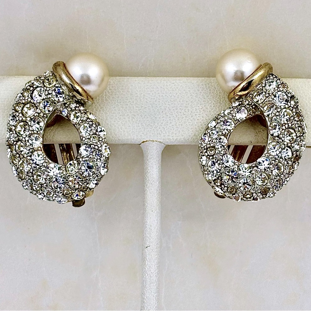 Vintage Pave Rhinestone And Pearl Clip Earrings